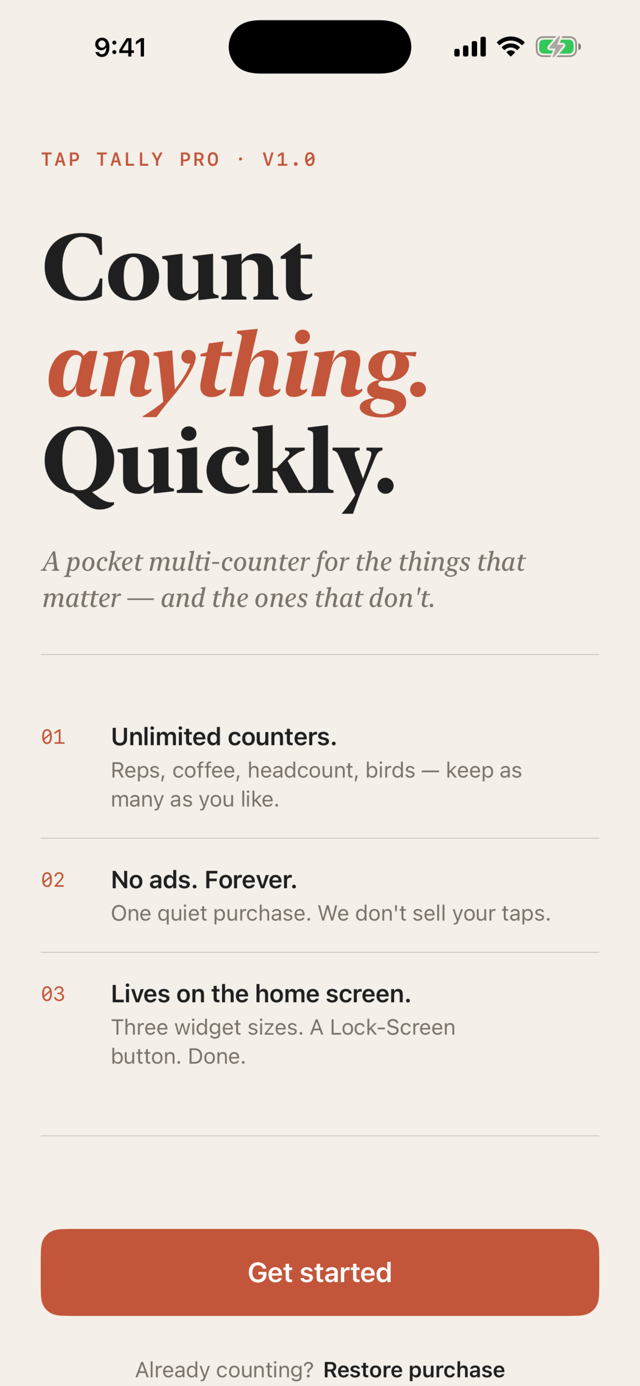 Tap Tally Pro onboarding screen